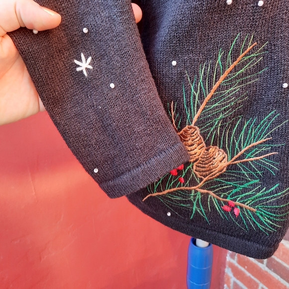 Vintage 90's Christmas Sweater Cardinals Bird Faux Fur Collar Cardigan Small - Picture 9 of 12